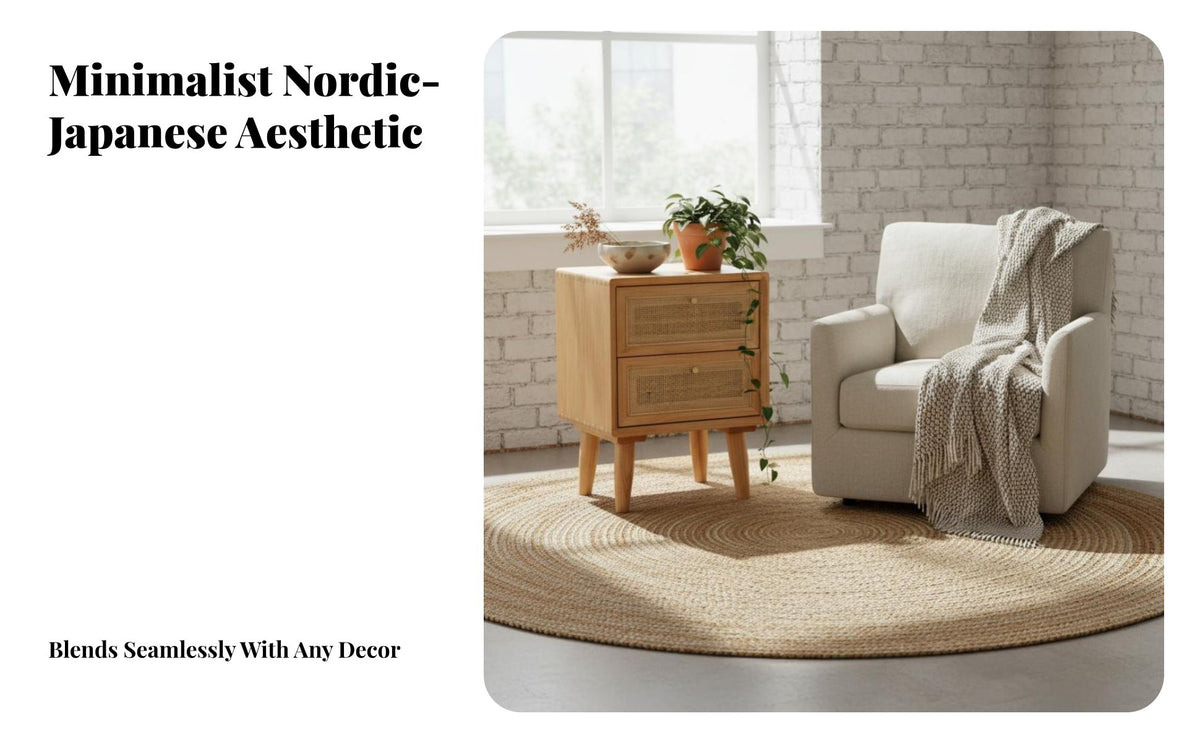 Modern Minimalist Nightstand with Woven Drawer Nordic design Rattan Drawer Cabinet Japanese Inspired End Table Space-Saving Design for Apartment Dwellers, Homeowners, Students, Beside Bed, Living Room, Small Spaces, Next to Sofa