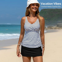 Tankini Swimsuit with Shorts for Women, Striped Backless Swimming Costume for Water Sports, Padded Sets with Skirted Bottom