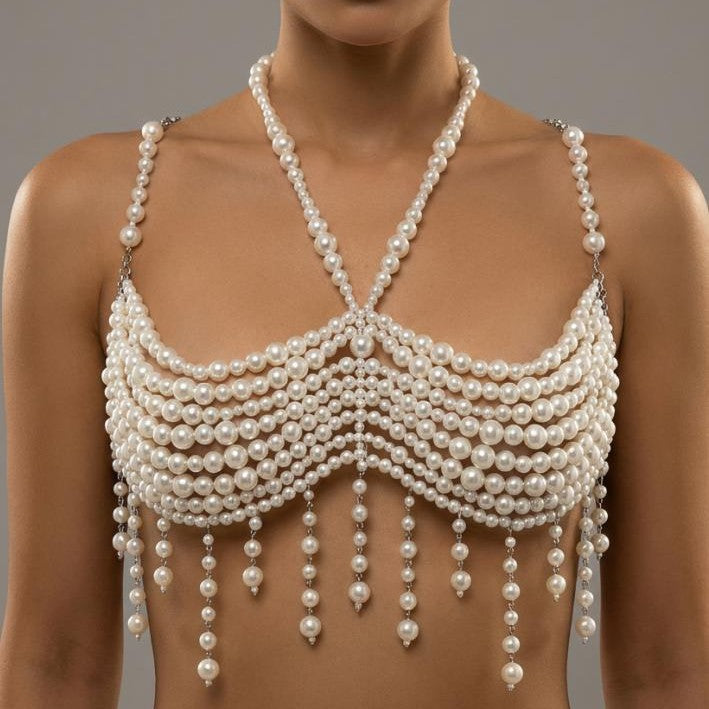 Handmade Beaded Body Chain with Faux Metal Chest Chain for Women