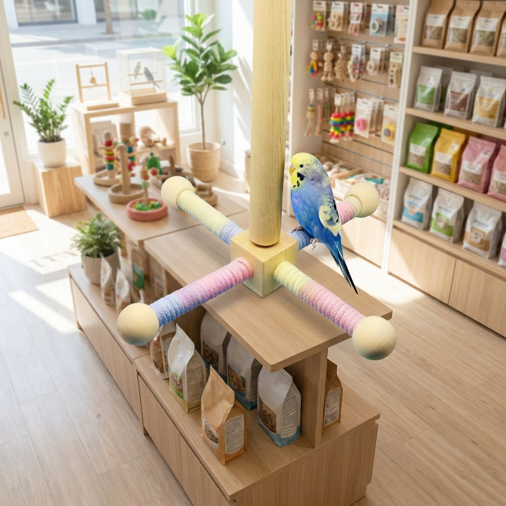 Parrot Toy Bird Stand with Multi-Directional Arms, Wooden Perch Toy and Macaron Set, Screw Mount Entertainment for Small Medium Birds