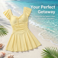Swimsuit for Girls, One-Piece Monokini with Short Sleeve and Padded Chest, great for Water Sports & Seaside Vacations, Modest Skirted Design for Women