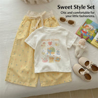 Girls Two Piece Clothing Set for Kids with Cartoon T-Shirt and Wide Leg Pants, Short Sleeve Casual Wear for Summer, 90% Blend Outfit