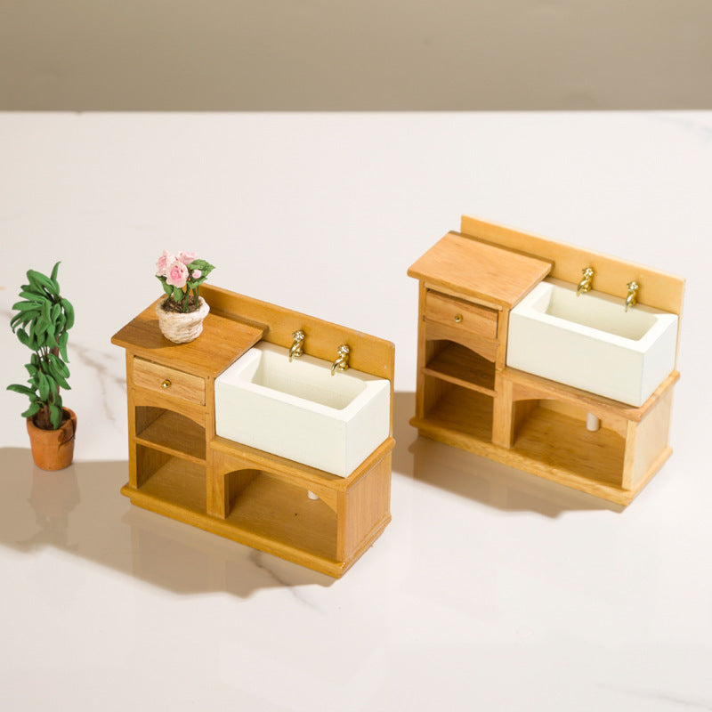 1:12 Dollhouse Miniature Furniture Bathroom Kitchen Scene Natural Wood Washbasin