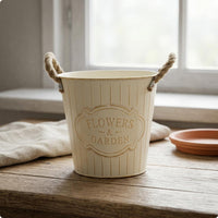 Distressed Metal Pail Planter Embossed Front Panel Decorative Item Rustic