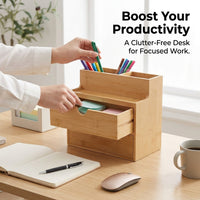 Bamboo Drawer Organiser with Compartments, Multi-Layer Desktop Storage Box for Cables and Stationery, 21x19x11.5cm