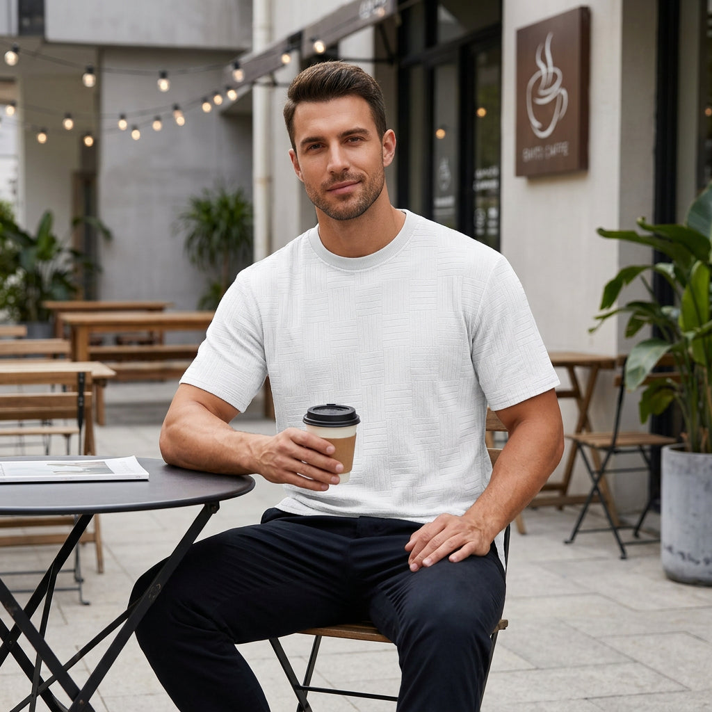 Men's Jacquard Knit Shirt Breathable Loose Fit Casual Summer Essential Wear Textured Crewneck T-Shirt for Sports, Gym