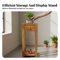 Narrow Pedestal Table with Drawer Sturdy Wood Wood Plant Stand Minimalist and Aesthetic Sturdy Construction for Living Room