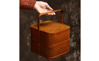 Bamboo Carry Box with Lid Handwoven Two-Tier Woven Basket Bamboo Basket with Handle Double-Layer Vintage-Style for Hosts