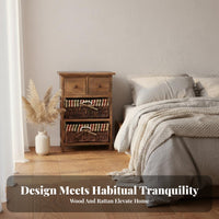 Drawer Nightstand Rattan Design 2-Drawer Woven Front End Table sturdy Wood Frame Curved Edges for Apartment Dwellers, Students