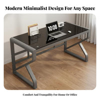 Reinforced Glass Computer Desk Wide Tabletop Metal Frame Office Desk Easy to Clean Modern Glass Top Workstation for Users, Adults, Study Room, Bedroom