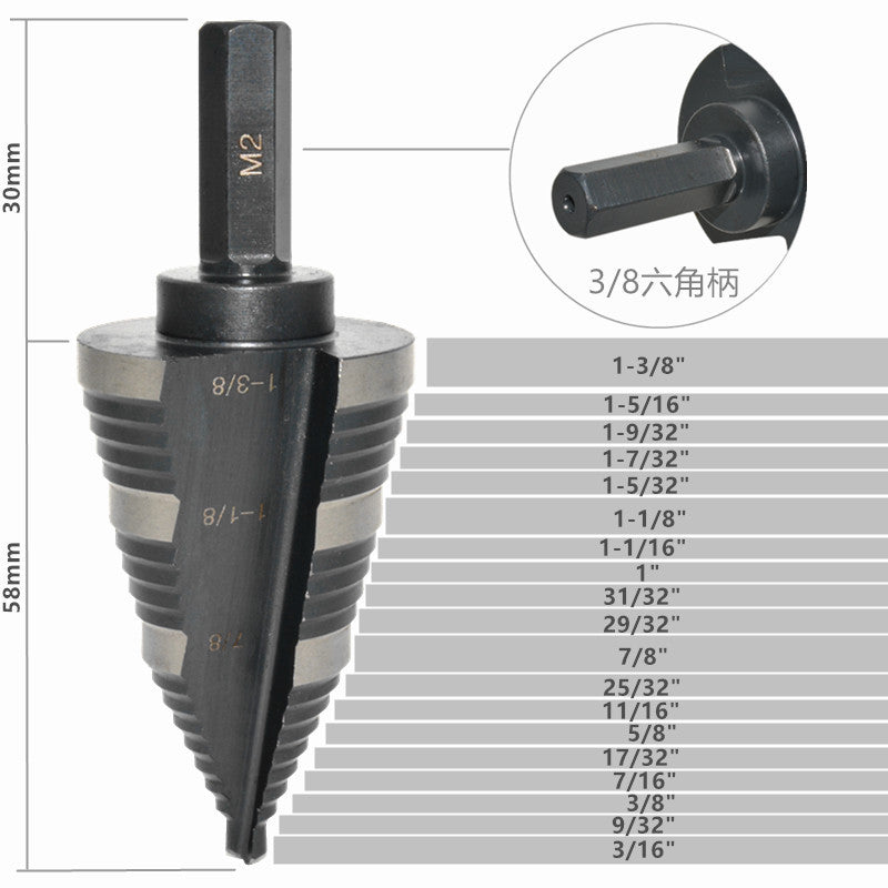 HSS6542/M2 High Speed Steel Step Drill 3/8" Hex Shank Nitride Coated Step Drill 7/8 to 1-3/8"