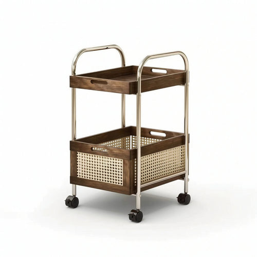 Storage Cart with Wood Trays Compact Two-Tier Trolley Easy Assembly for Bedroom