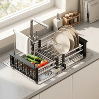 Dish Rack and Sink Strainer with Cutlery Drainer, Stainless Steel Dish Drainer, Space Saving Kitchen Sink Organizer for Your Kitchen Counter