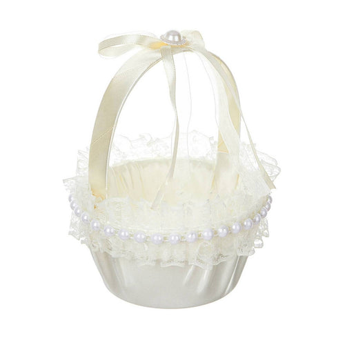 Flower Girl Basket Romantic Basket with Lace Trim Handmade for Bridal Procession