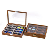 Walnut Wood Grain Eyeglass Storage Box for Sunglasses, 8-Slot Display Case