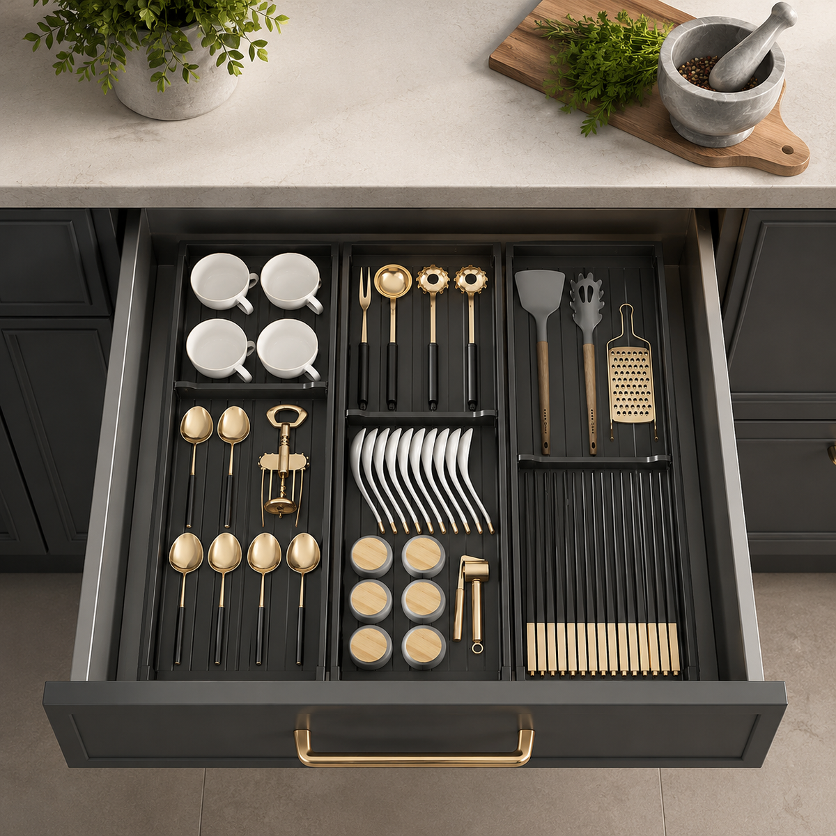 Cutlery Box for Drawers Organizer, Aluminum Alloy Cutlery Insert 46cm, 3 Compartments, for Kitchen and Household