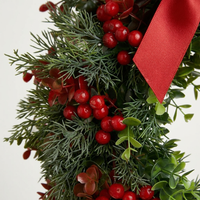Christmas Wreath for Front Door, Artificial Christmas Wreath with Red Berries and Bow, Handmade Festive Decor for Door Wall Fireplace Mantel