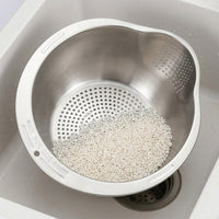 Rice Washing Basin and Washer Colander Bowl with Handle, Food Grade 304 Stainless Steel Side Spout for Rinsing Grains and Washing Vegetables