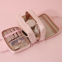 Waterproof Cosmetic Bag Large Capacity with Compartments and Handle, PU Leather Make Up Case for, Toiletry Organizer for Daily Use