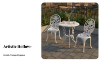 3 Pieces Rust-Proof Ornate 3-Piece Patio Set Weather-Resistant Scrolled Cast-Design Cafe Ensemble Elegant Design Outdoor Furniture Sturdy Construction for Cafe Owners, Gardeners, Homeowners, Garden, Courtyard, Balcony, Porch