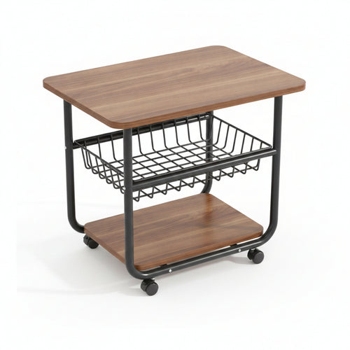 Two-Tier Rolling Side Table Metal Frame Furniture Compact for Beside a Sofa