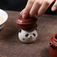 宜兴紫砂茶宠大熊猫摆件功夫茶道配件茶玩茶具戴帽子盖托茶盘批发