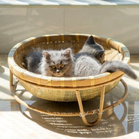 Handwoven Bamboo Cat Bed Pet Villa, Summer Best Seller, Dog Bed All-Season with Base, Pet Basket