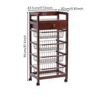 Wood Drawer Basket Trolley Brown Finish Caster Wheel Shelf Space Saving