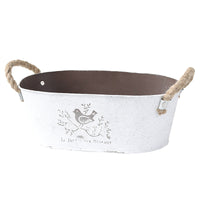 Vintage Oval Flower Pot with Rope Handle and Bird Pattern