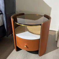 Cylindrical End Table Single-drawer Nightstand Modern Bedside Cabinet Italian Minimalist Wood Saddle Leather Glass Top Suitable for Apartment Dwellers Adults Small Areas Hotel Room