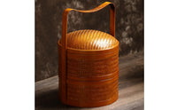 Bamboo Carry Box with Lid Handwoven Two-Tier Woven Basket Bamboo Basket with Handle Double-Layer Vintage-Style for Hosts