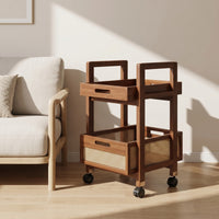 Rolling Cart with Rattan Basket Wood-Toned End Table with Wheels Sturdy