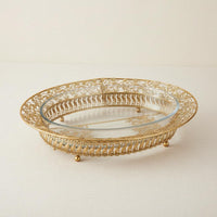 Glass Fruit Plate Gold-Tone Footed Serving Tray Polished Metal