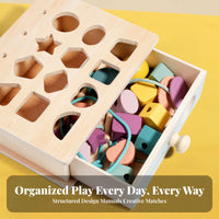 Wooden Shape-Sorting Box Drawer Shape Sorter Lacing Beads Easy to Grasp Wooden Educational Box