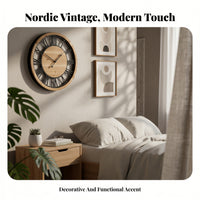 Wooden Wall Clock Roman Numeral Retro Nordic Design Round Clock Quiet for Bedroom, Living Room, Entryway
