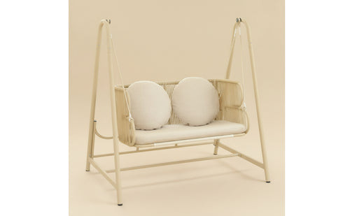 Cushioned Double Swing Chair Freestanding Hanging Chair with Stand Woven Hanging Loveseat Outdoor for Living Room