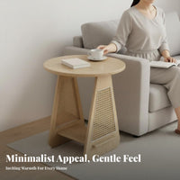 Round End Table with Woven Panels Space Saving Round End Table Rattan Decorative Suggestion Retro-Modernera Modern Design