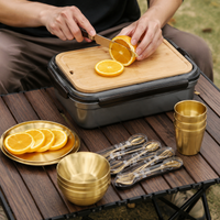 Camping Tableware, Family, Barbecue, For Families, Made of 304 Stainless Steel, Gold, Portable Tableware Set