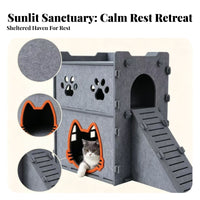 Enclosed Felt Cat House with Ramp | Paw-Print Cutout Openings, Cat Hideaway with Ramp, for Living Room