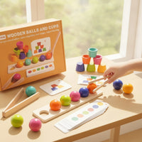 Child-Centered Wooden Ball and Cup Toy Educational Wooden Sorting Board with Cups Hand-Eye Coordination Color Matching Game for Homeschool