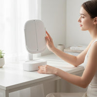 Foldable Design Lighted Makeup Mirror 360° Rotation Tri-Fold Vanity Mirror Dimmable Brightness Beauty Tool Press Control for Bedroom