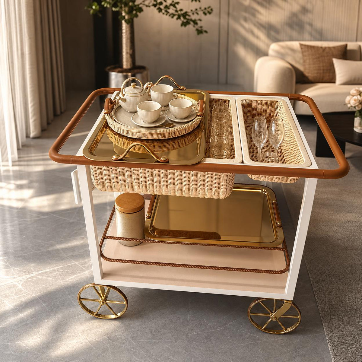Luxury Wood Bar Cart, Wheeled Bedroom Side Table, Designer Model for Living Room and Dining Room, 87x76.5x55 cm