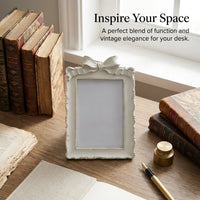 French Vintage Bow Photo Frame, Distressed White Resin Picture Frame, European Classical Ornate Display, Tabletop Frame for Home Decor