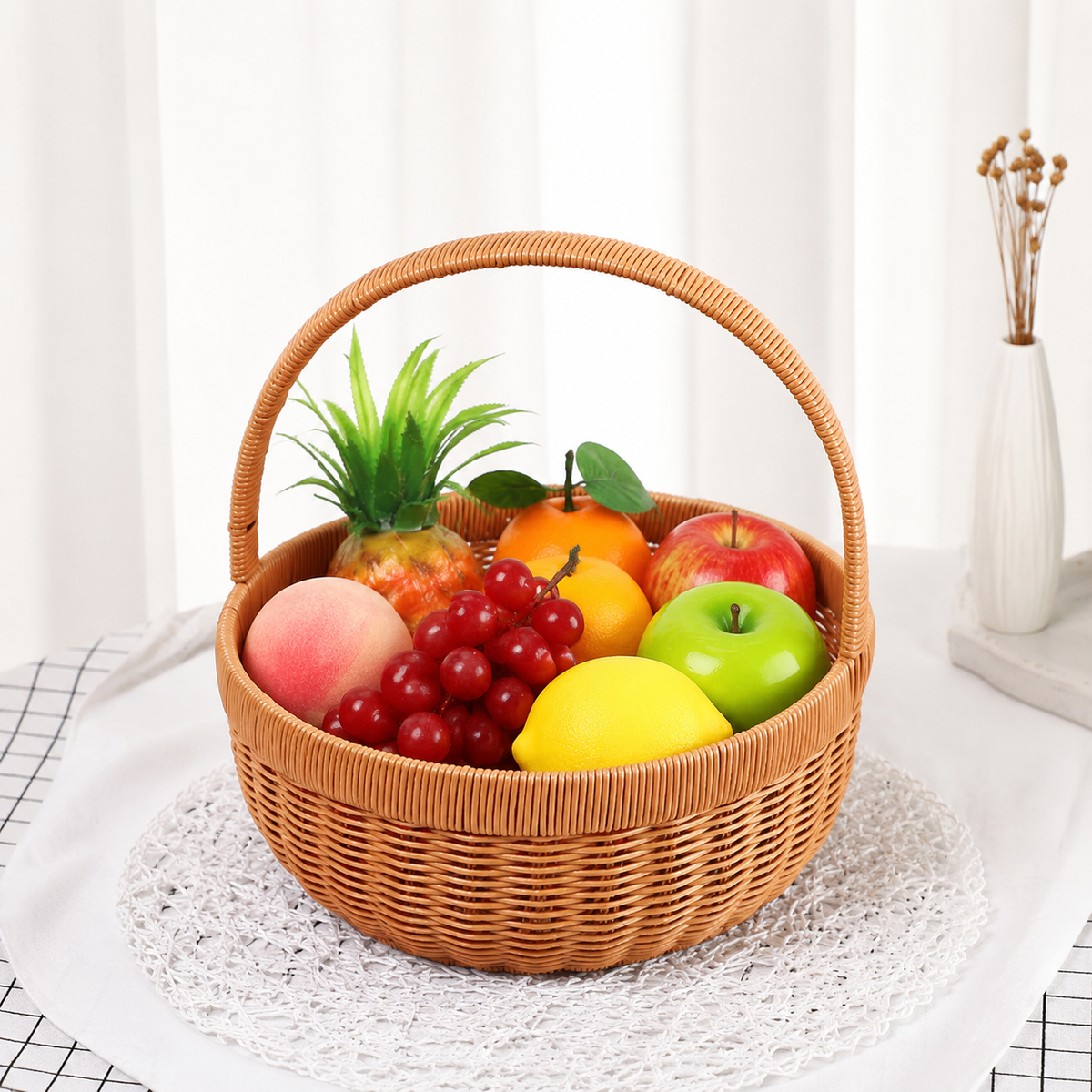 Small Basket with Integrated Handles, Lightweight Polywicker Fruit Basket, Empty Gift Baskets for Groceries & Storage
