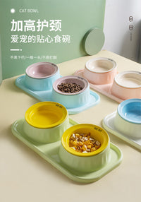 跨境猫碗陶瓷双碗防打翻宠物碗水粮一体狗碗保护颈椎易清洗飞碟碗