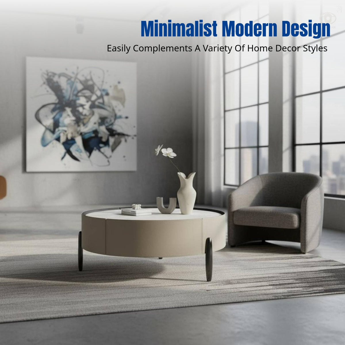 Nordic Luxury Round Coffee Table, Saddle Leather Finish, Marble Top, Modern Minimalist Living Room Furniture