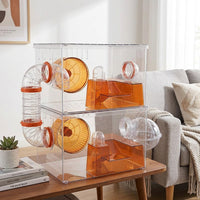 Expandable Hamster Cage and 2-Layer Clear Acrylic Habitat, Hamster Enclosure for Dwarf Hamsters, Transparent 360 Viewing Box with 9 Accessories