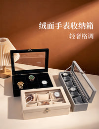 Flannel Watch Storage Box with 6 Slots and Jewelry Organizer with Transparent Lid