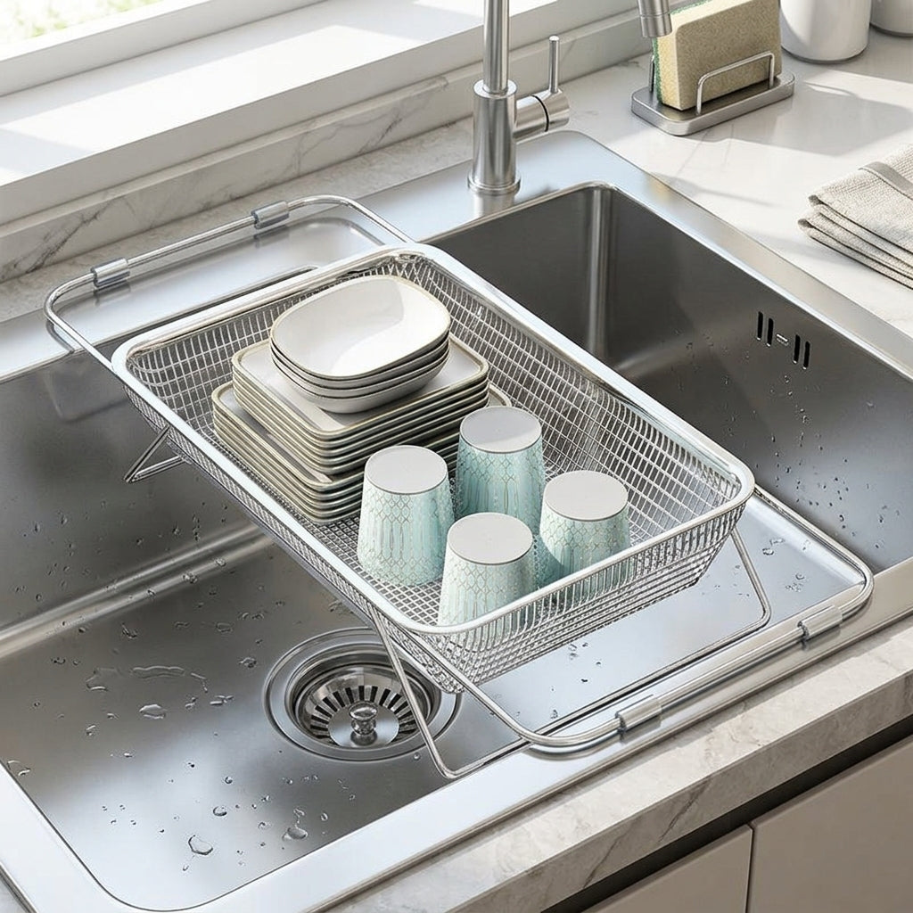 Dish Rack and Sink Strainer with Handles, Expandable 304 Stainless Steel Dish Drainer, Space Saving Draining Board for Kitchen Sink Counter Use