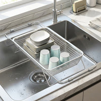 Expandable Dish Rack and Dish Drainer with Sink Strainer, 304 Stainless Steel Draining Board with Handles, Space Saving Kitchen Sink Organizer